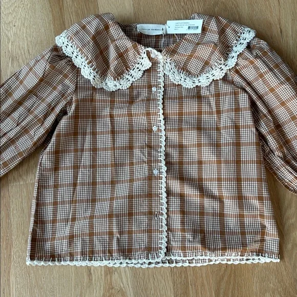 Checked Lace-Trim Puff Sleeve Top - Tan - Picture 3 of 8